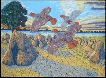 Going To Roost<br />
Common partridges flying over a field of stoked corn sheaths at disk<br />
Painted in Pavenham Bedfordshire